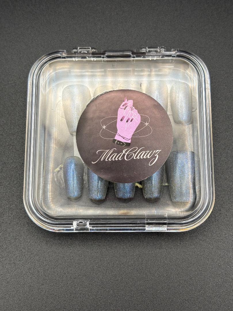 Short-Length Coffin Green/Blue Cat Eye Gel Polish Press-On Nails (Size Medium)